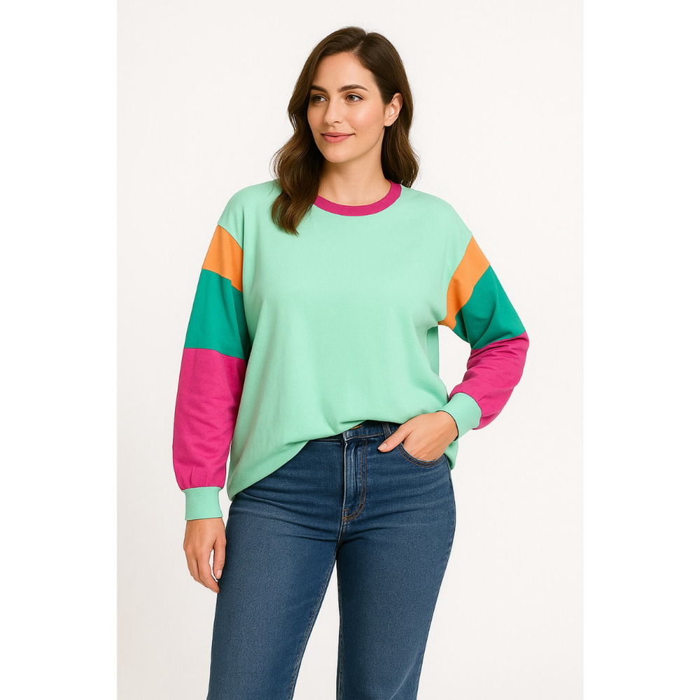 Women’s Casual Long Sleeve Patchwork Tunic Top – Teal – Size M – NWOT